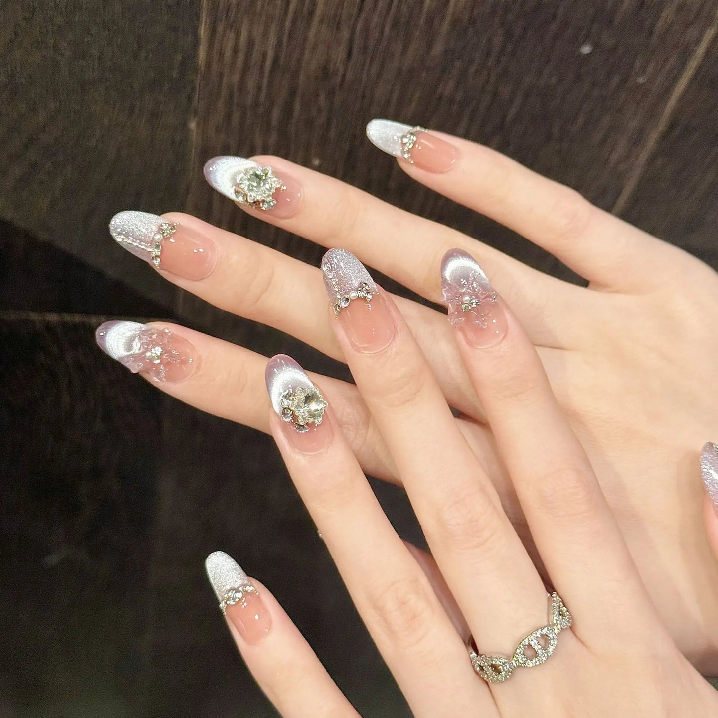 10pcs Handmade Press On Nails – Pink Flower & Cat Eye Design