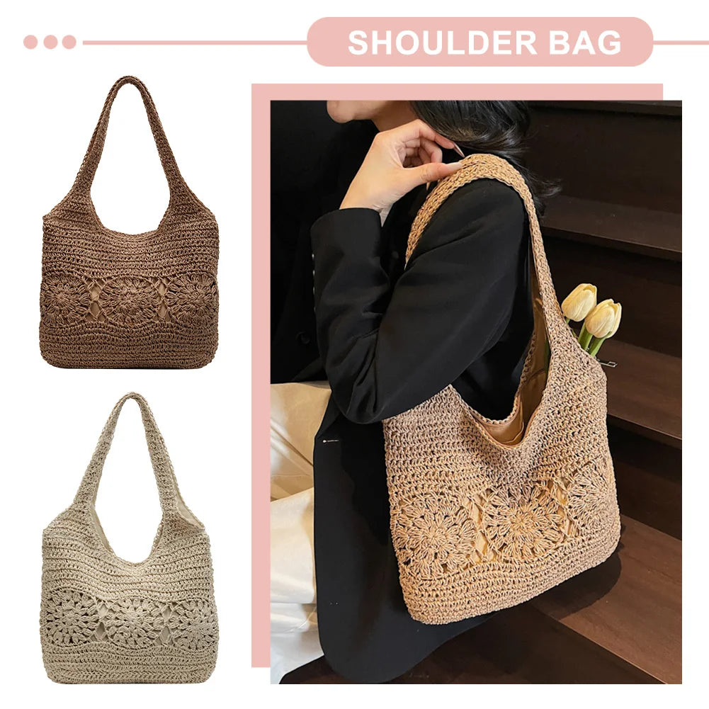 Large Woven Straw Beach Bag – Zipper Shoulder Tote for Women Peaceful Pleasures Health and Wellness