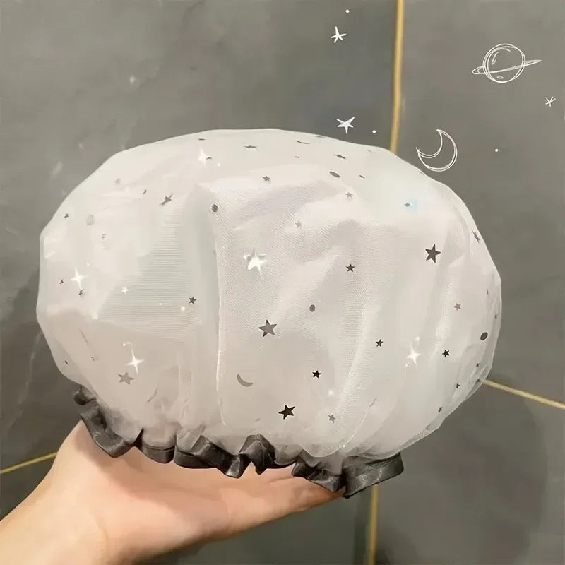 Waterproof Double-Layer Shower Cap Starry Sky Design Fashion Reusable Bathing Hat Kitchen Oil-proof Sanitary Hat Peaceful Pleasures Health and Wellness