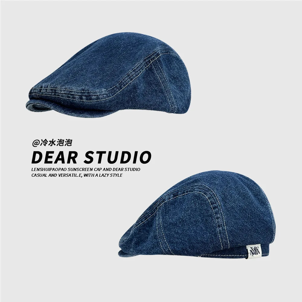 Women's Retro Washed Denim Beret | Cotton Forward Hat