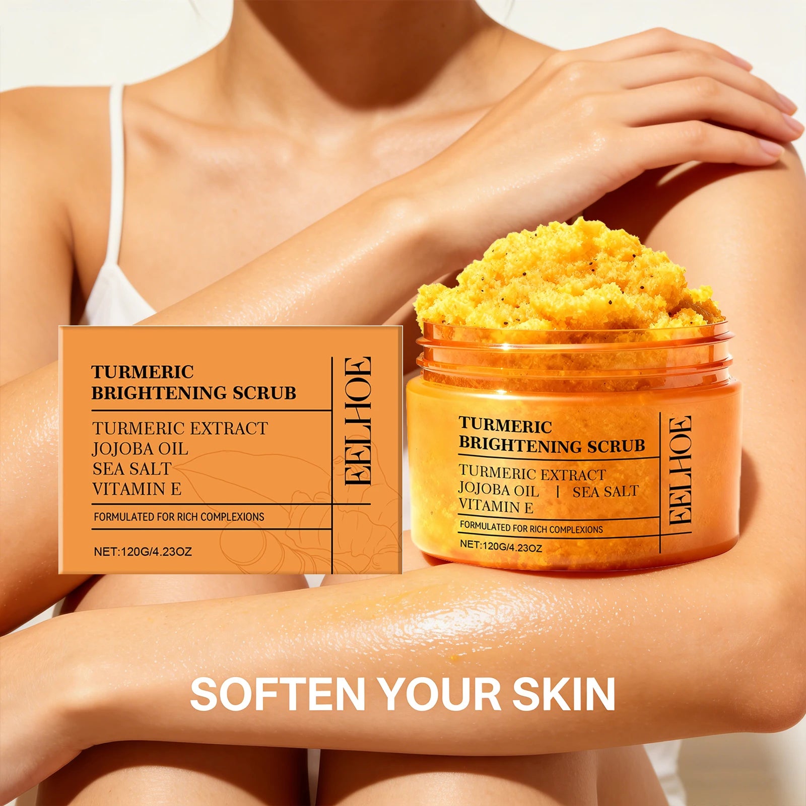 Turmeric Vitamin E Exfoliation scrub Smoothing Brightening Skin Care Reduce Dark Spots refreshed Turmeric Body Scrub Cosmetics Peaceful Pleasures Health and Wellness