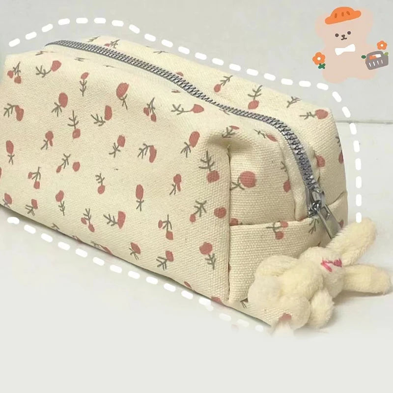Floral Canvas Pencil Case – Large Capacity Bag for Girls