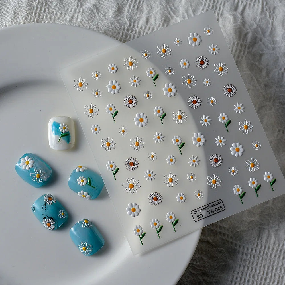 Blueberry Floral Nail Stickers | Blue White Bow Manicure Decals
