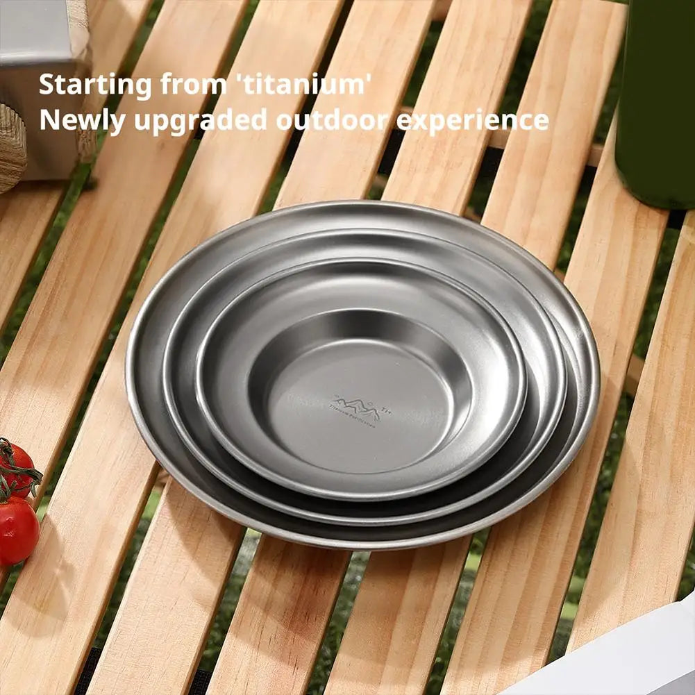 Outdoor Camping Steak Pizza Fruit Cake Snack Deep Disc Anti-overflow Plate Titanium Purified Stainless Steel Dinner Plate Set Peaceful Pleasures Health and Wellness