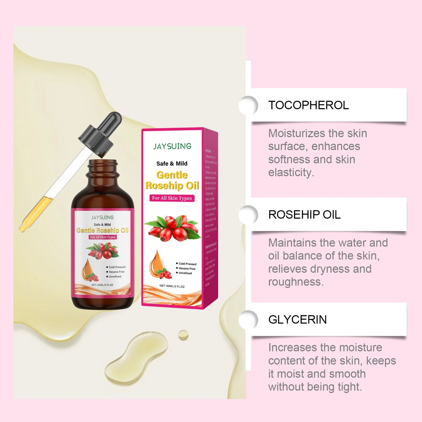 Rosehip Facial Oil Moisturizing Smoothing Skin Relieves Dryness Discomfort Enhances Softness Elasticity Anti-Aging Essence Oil Peaceful Pleasures Health and Wellness