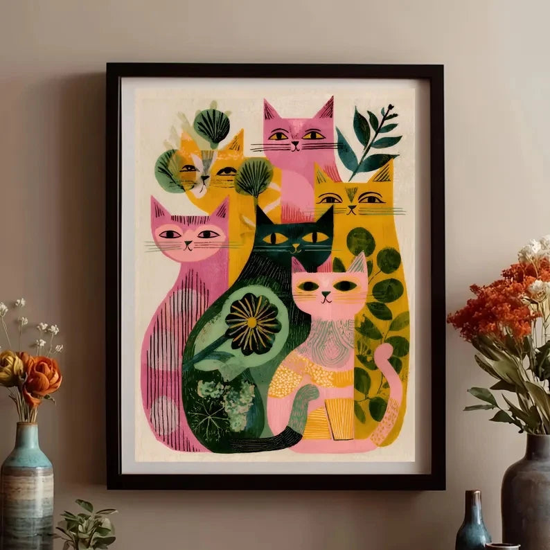 Retro Mid-Century Colorful Cats Canvas Wall Art Print Poster