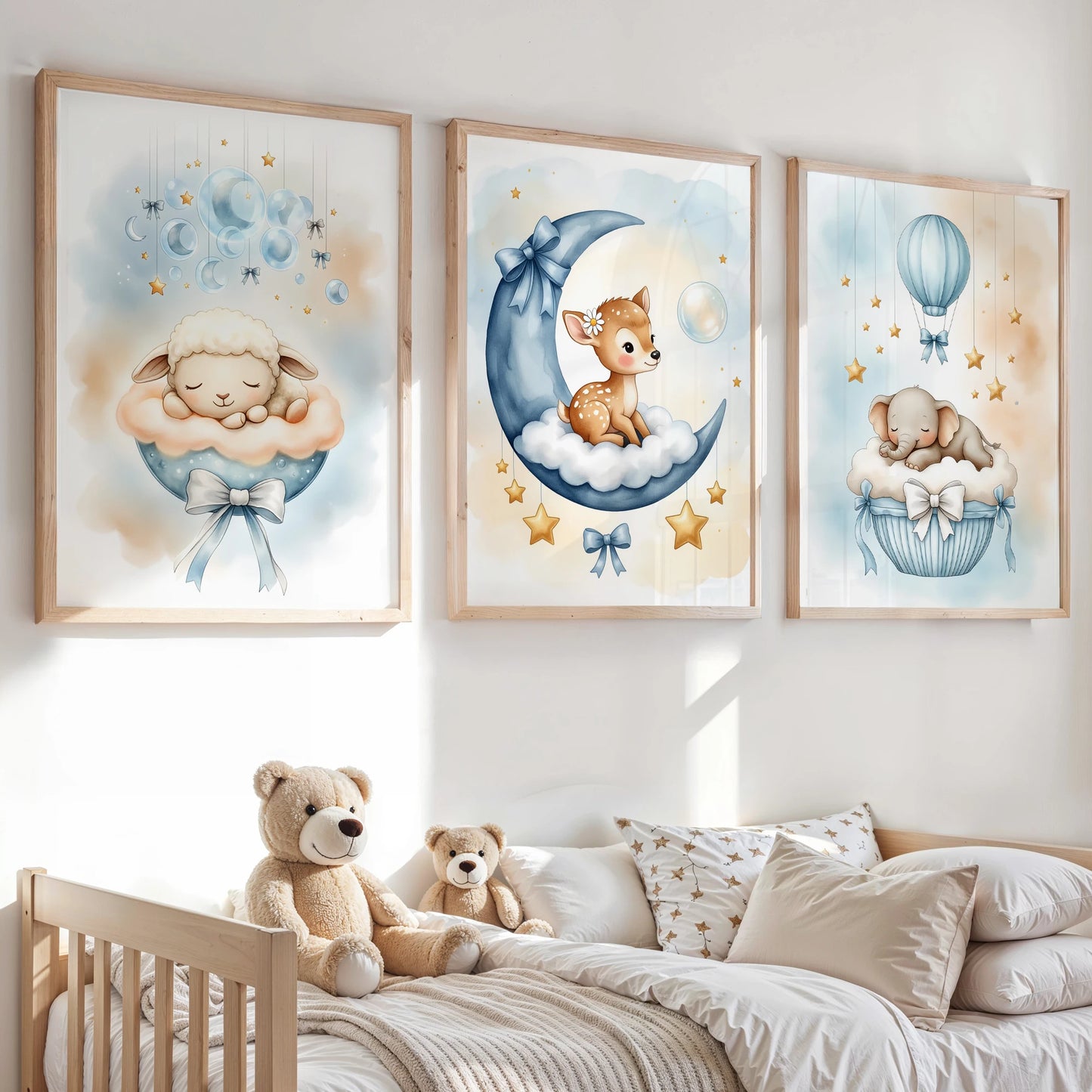 Cartoon Blue Deer & Elephant Kids Room Canvas Wall Art Print