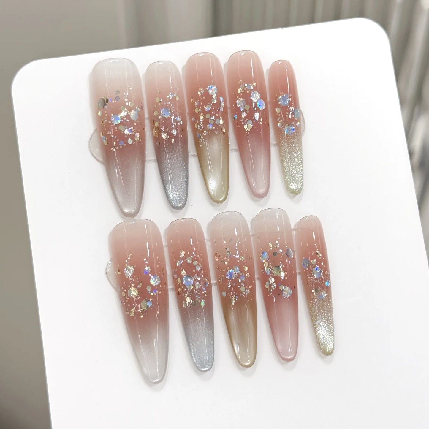French Cat Eye Press On Nails – Sequin Gradient Tips | 10pcs