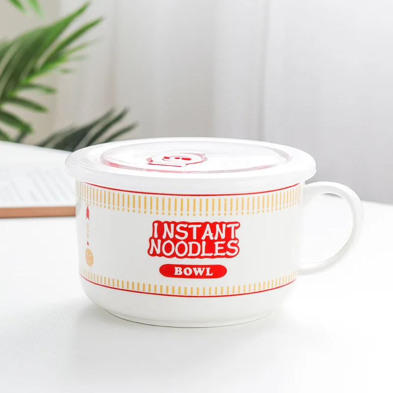 Hot Sale Ceramic Instant Noodle Bowl With Handle Large Capacity instant noodles bowl Cute Design instant noodles Bowl With Lid Peaceful Pleasures Health and Wellness red 5.25 inches