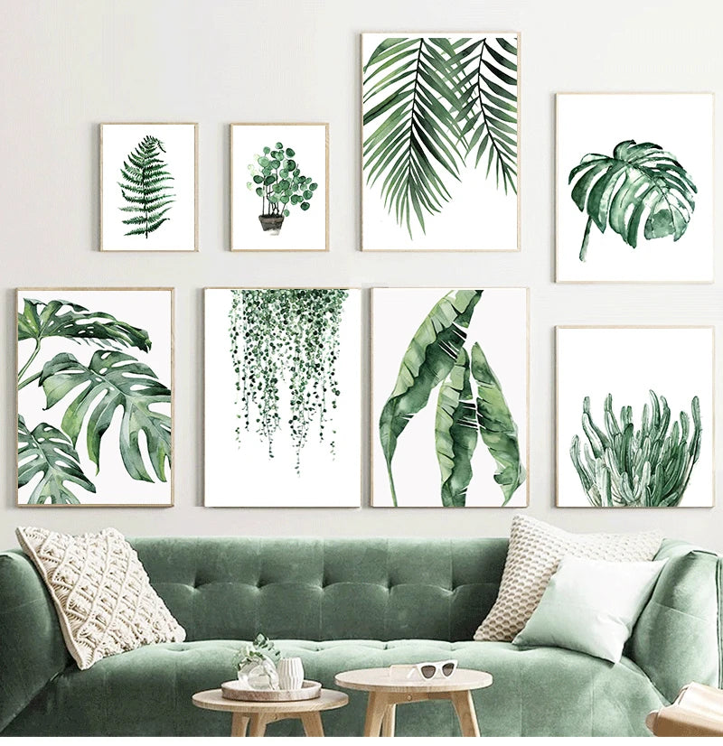 Wall Art Paintings for Living Room Home Decor Scandinavian Style Tropical Plants Poster Green Leaves Decorative Picture Modern Peaceful Pleasures Health and Wellness