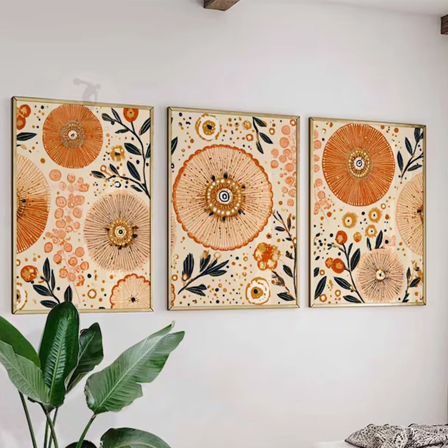 3-Piece Boho Floral Canvas Wall Art | Orange & Beige Abstract Print