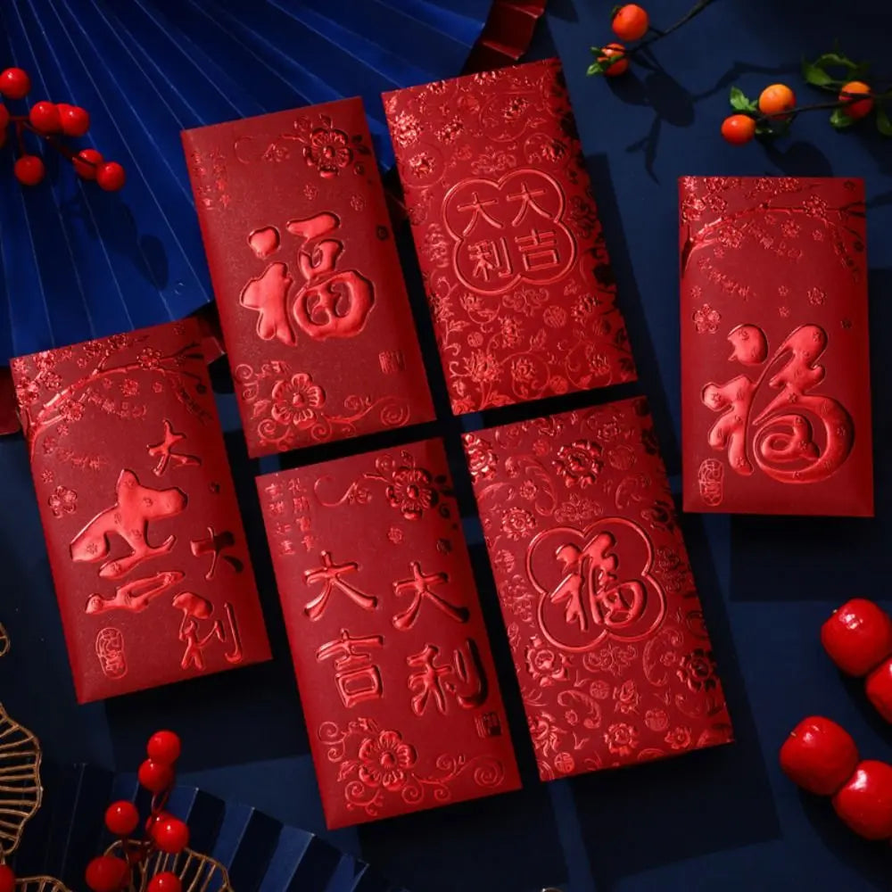 6pcs 3D Chinese New Year Red Envelope Hot Stamping Solid Red Packet Blessings Printing Thickened Lucky Money Bag Wedding Peaceful Pleasures Health and Wellness