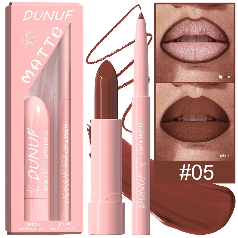 DUNUF 12-Color Matte Lipstick & Lip Liner Set – Waterproof