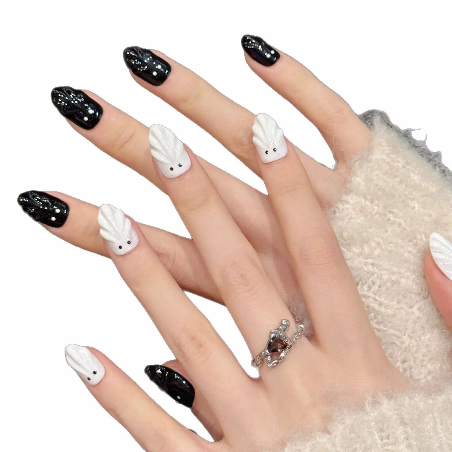 Halloween Ghost Press On Nails | 3D Almond Fake Nails Set 10pc Press On Nails Peaceful Pleasures Health and Wellness