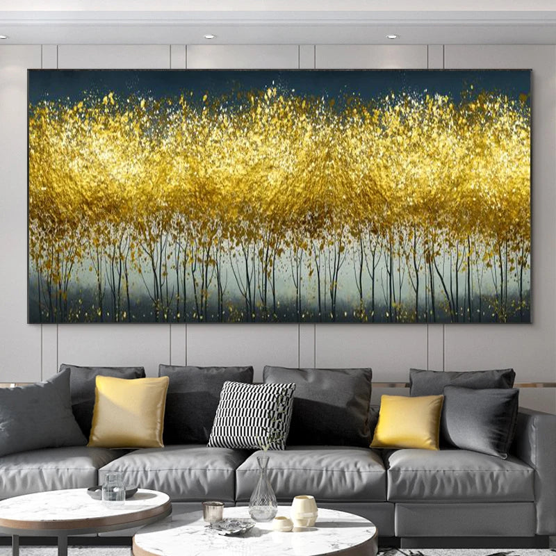 Abstract Leaves Oil Painting Print On Canvas Texture Golden and Silver Trees Wall Art Modern Home Decor Living Room Wall Decor Peaceful Pleasures Health and Wellness black golden-9 20x40cm