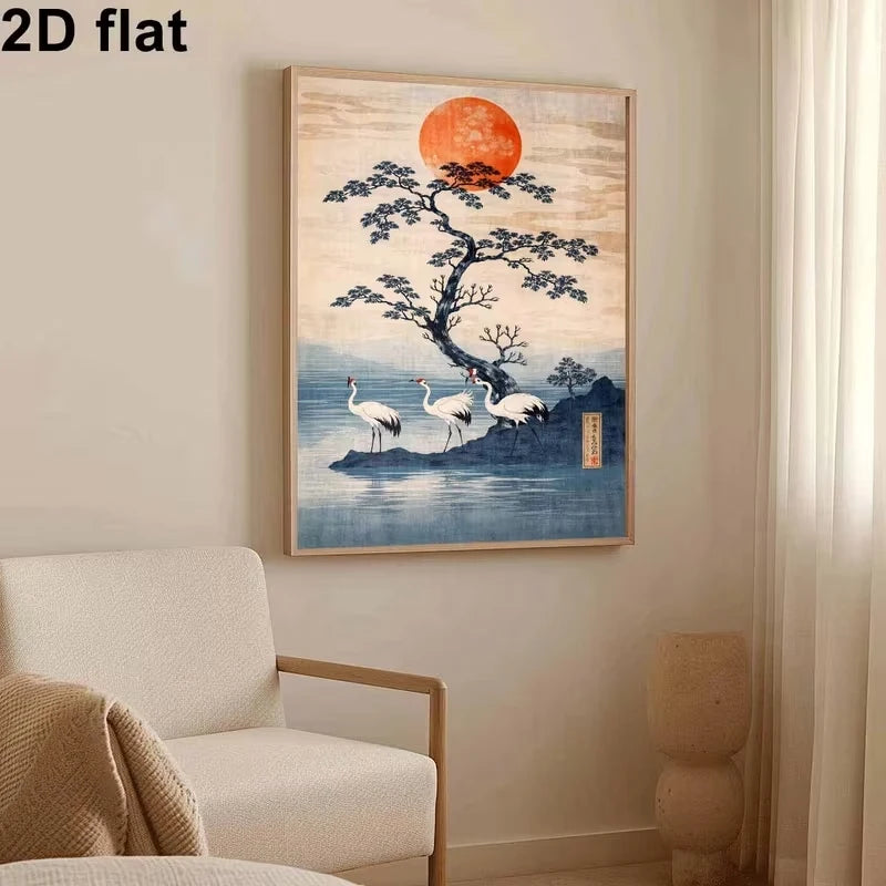 Japanese Crane & Sun Canvas Wall Art Print | Home Decor