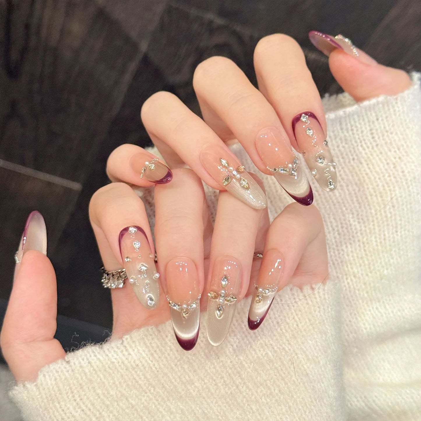 10pcs Glitter Cat's Eye Press On Nails | French Almond Tips