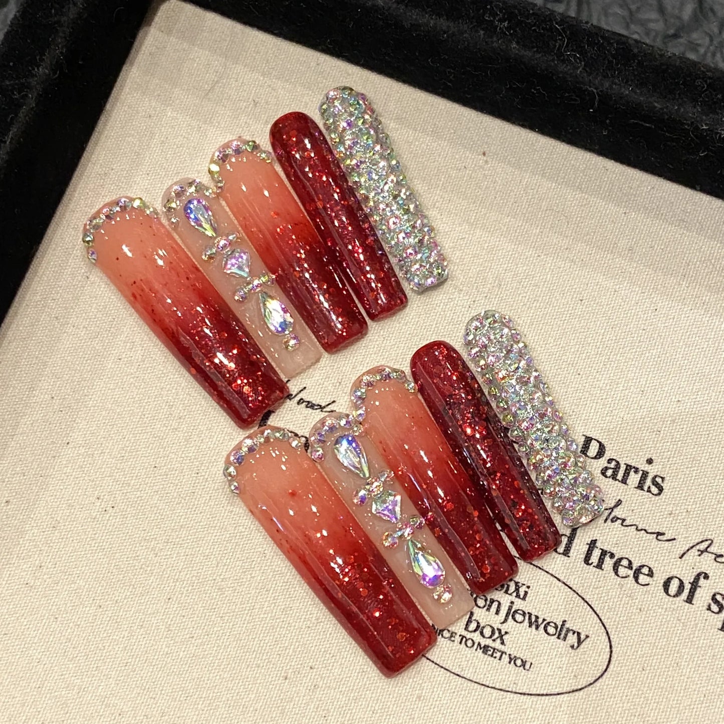YADORNOS Rhinestone Press-On Nails | Extra Long Red Fake Nails