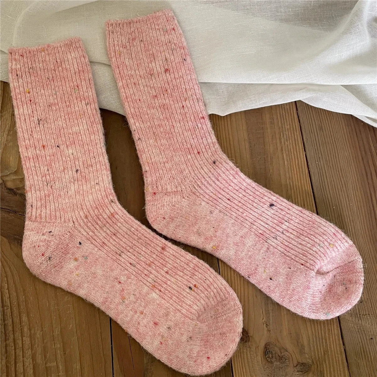 Thick Dotted Wool Socks for Autumn Winter Solid Color Japanese Mid Tube Pile Socks Cashmere Confinement Socks Thick and Sturdy Peaceful Pleasures Health and Wellness Bean Red One Size