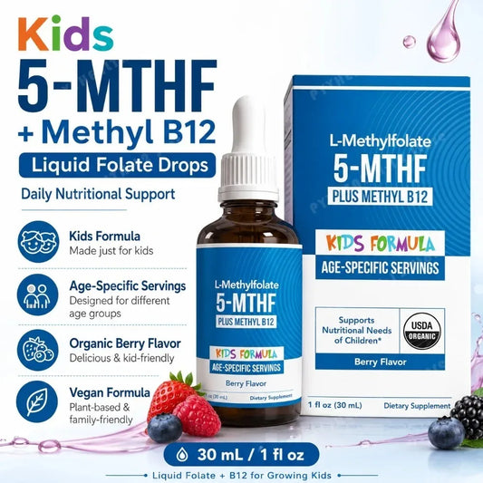 Kids L-Methylfolate 5-MTHF & Methyl B12 Drops | Organic Berry 30ml Kids Liquid Supplement Peaceful Pleasures Health and Wellness