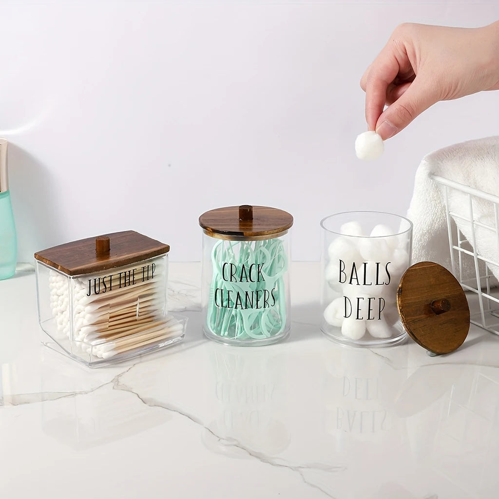 3pcs Acrylic Apothecary Jar Bathroom Organizer Set – Cotton Swab Holder, Cotton Ball & Bathroom Decor Storage