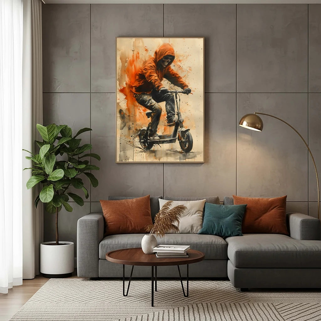 Watercolor Skeleton Scooter Canvas Wall Art | Modern Poster Canvas Wall Art Peaceful Pleasures Health and Wellness