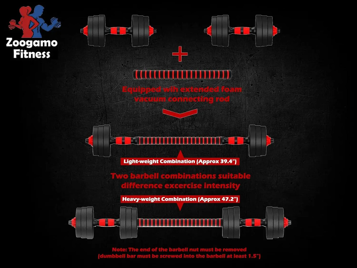 Zoogamo Fitness barbell set with specifications on a black background
