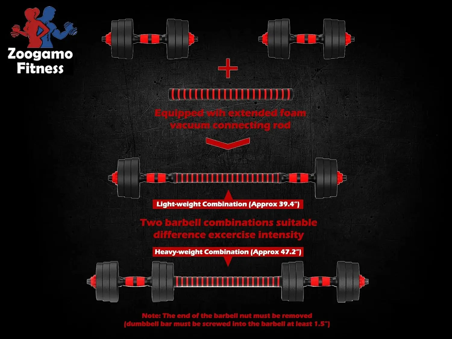 Zoogamo Fitness barbell set with specifications on a black background