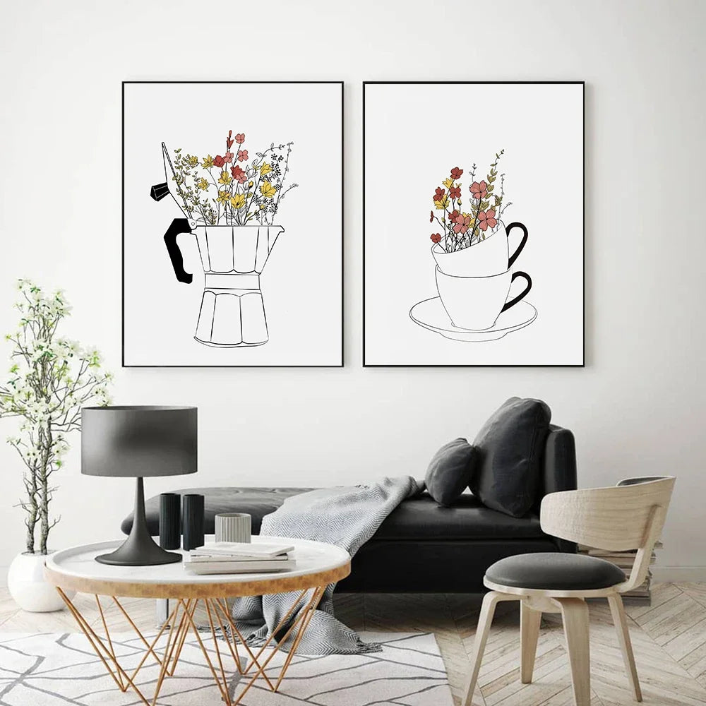 Coffee Lover Canvas Wall Art | Nordic Floral Cup Print Poster Canvas Wall Art Peaceful Pleasures Health and Wellness