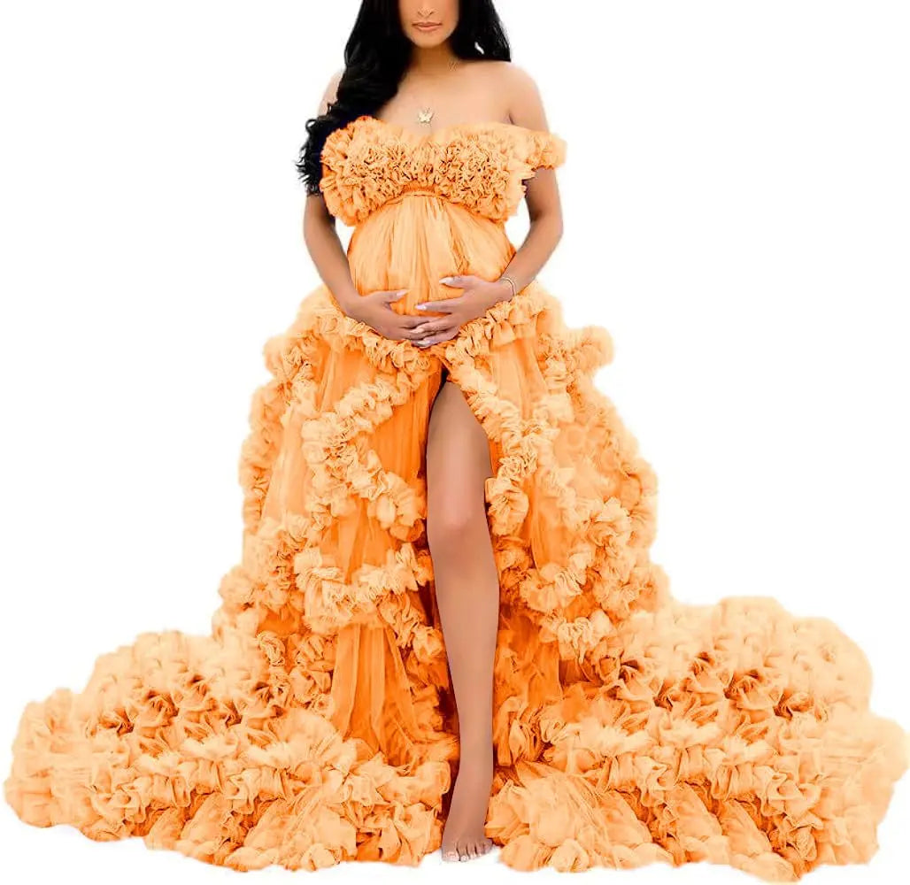 Photoshoot & Baby Shower Tulle Maternity Dress - Off Shoulder, Puffy Ruffles, Elegant Long Robe for Pregnancy Peaceful Pleasures Health and Wellness Orange US 2