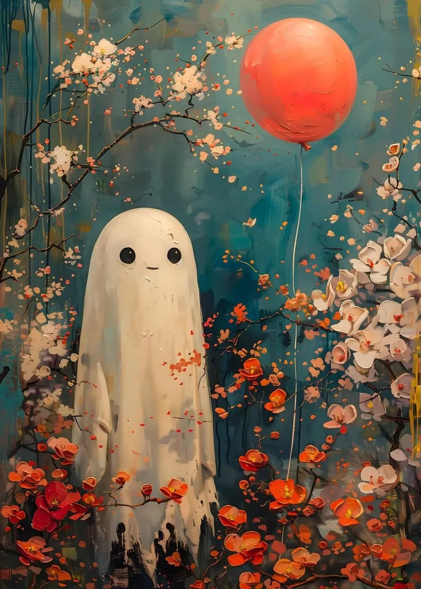 Halloween Ghost & Pumpkin Canvas Wall Art | Dark Academia Poster