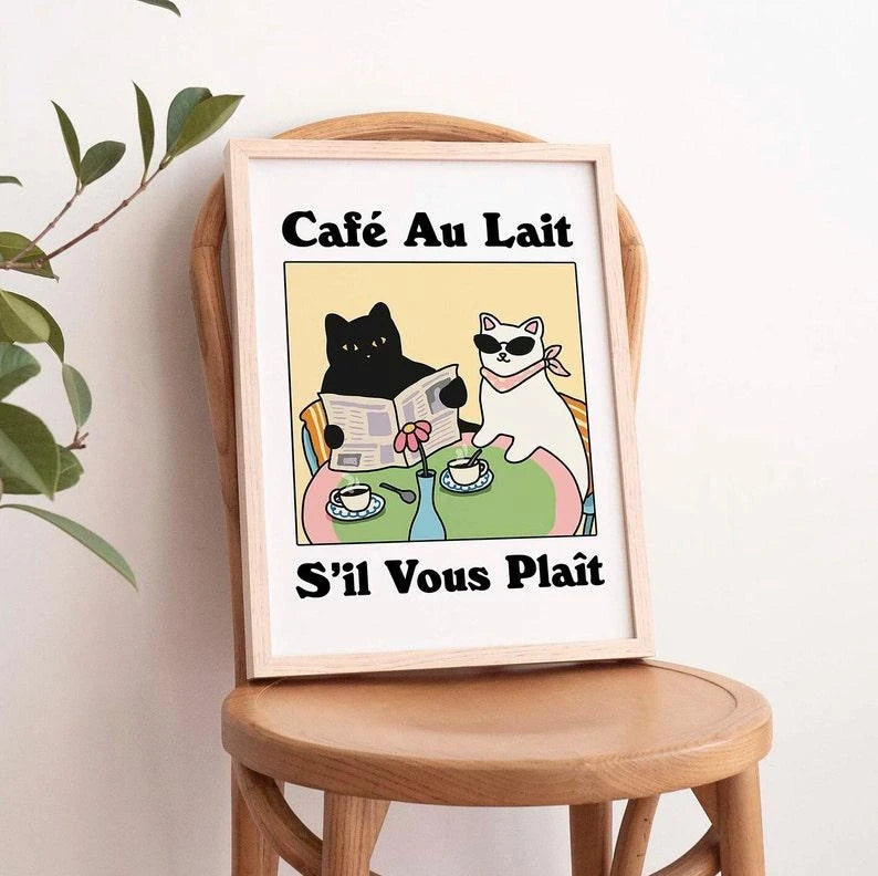 Cartoon Cat Canvas Wall Art Print | Café Au Lait Kids Room Decor