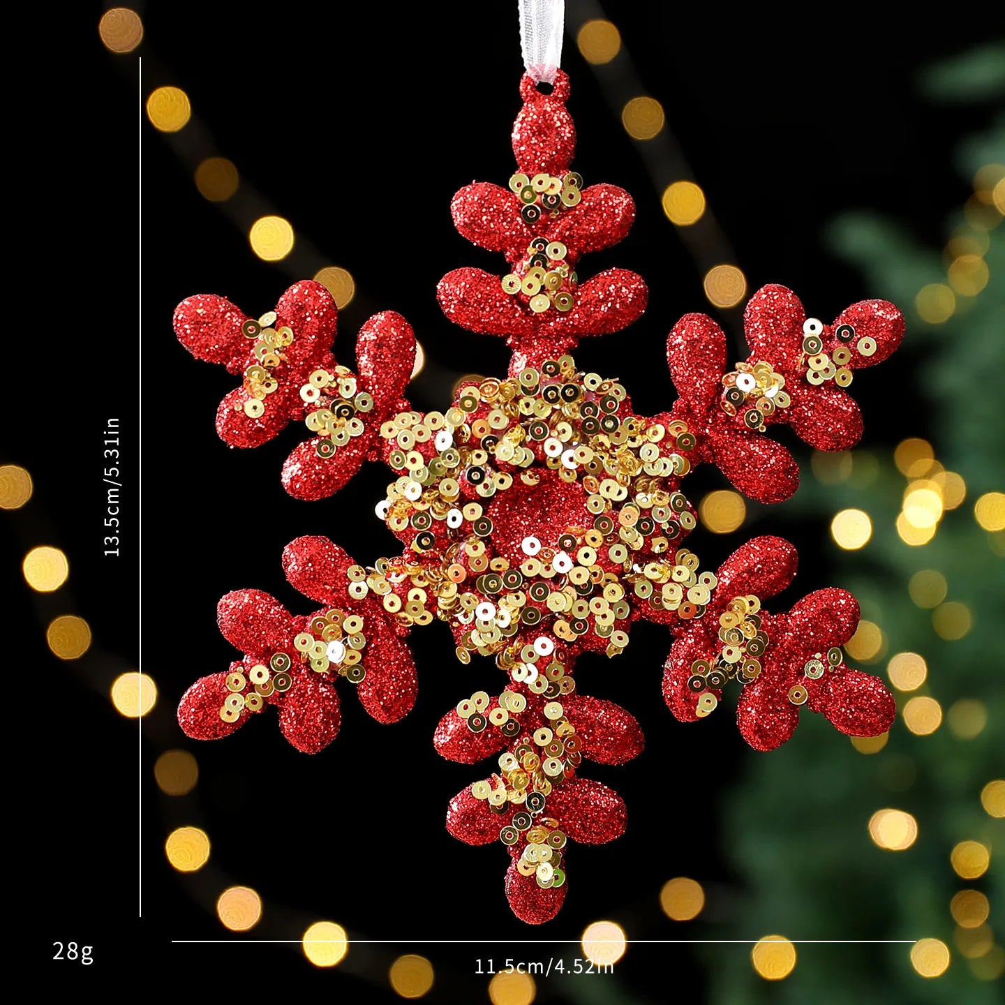Red Glitter Christmas Tree Pendant – Gold Sequins & Snowflake