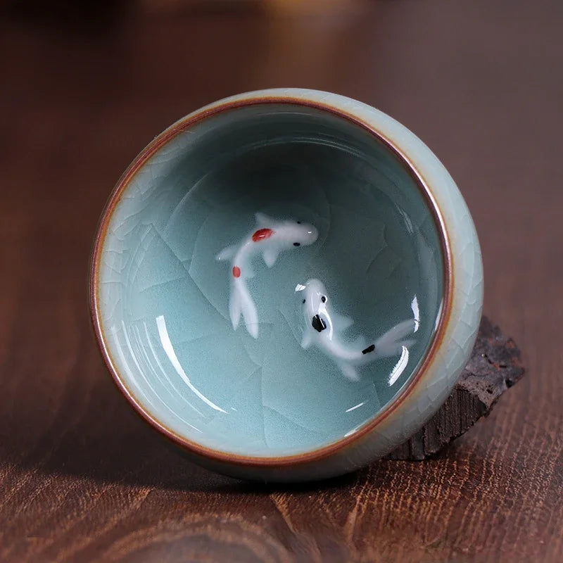 60ml Crackle Golden Fish Celadon Porcelain Teacups Delicate Longquan Tea Cup Bowl Kungfu Serviceable Chinese Tea Cup Tea Making Peaceful Pleasures Health and Wellness A