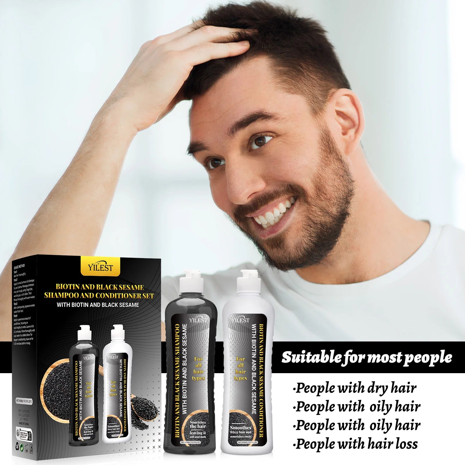 Biotin & Black Sesame Shampoo Conditioner Set Hair Repair Treatment Nourishing & Strengthening 450ml x 2 for All Hair Types Peaceful Pleasures Health and Wellness