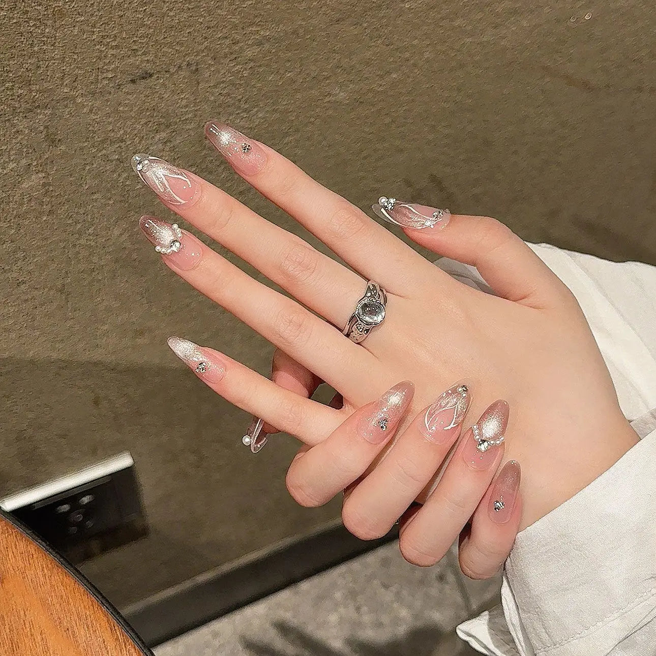 Mermaid Cat Eye Press-On Nails | Almond Rhinestone False Tips