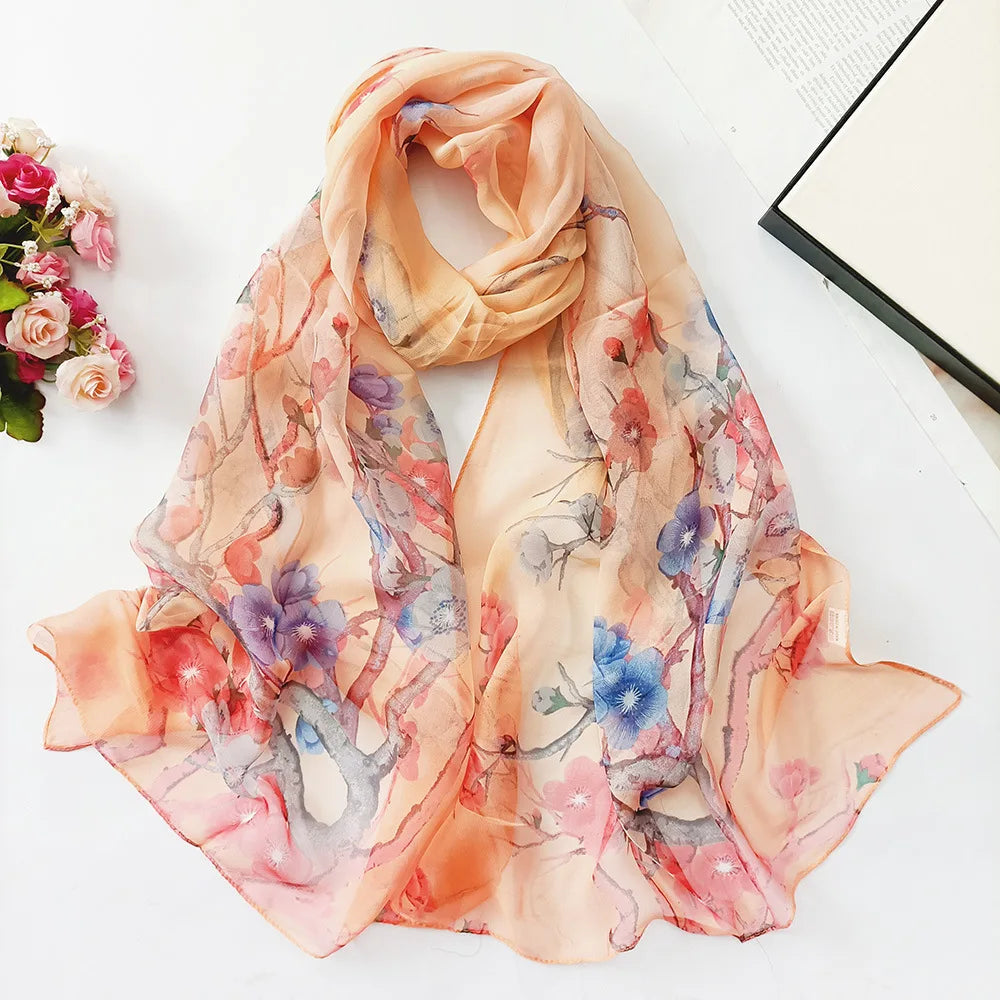 Women's Ink Lotus Chiffon Scarf – Lightweight Floral Print