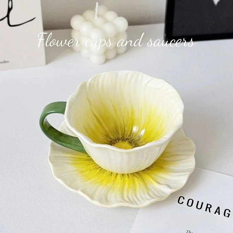Creative Hand Painted Underglaze Flower Ceramic Coffee Cup and Plate French Retro Petal Afternoon Tea with Cup and Plate Gifts Peaceful Pleasures Health and Wellness YELLOW 350ml