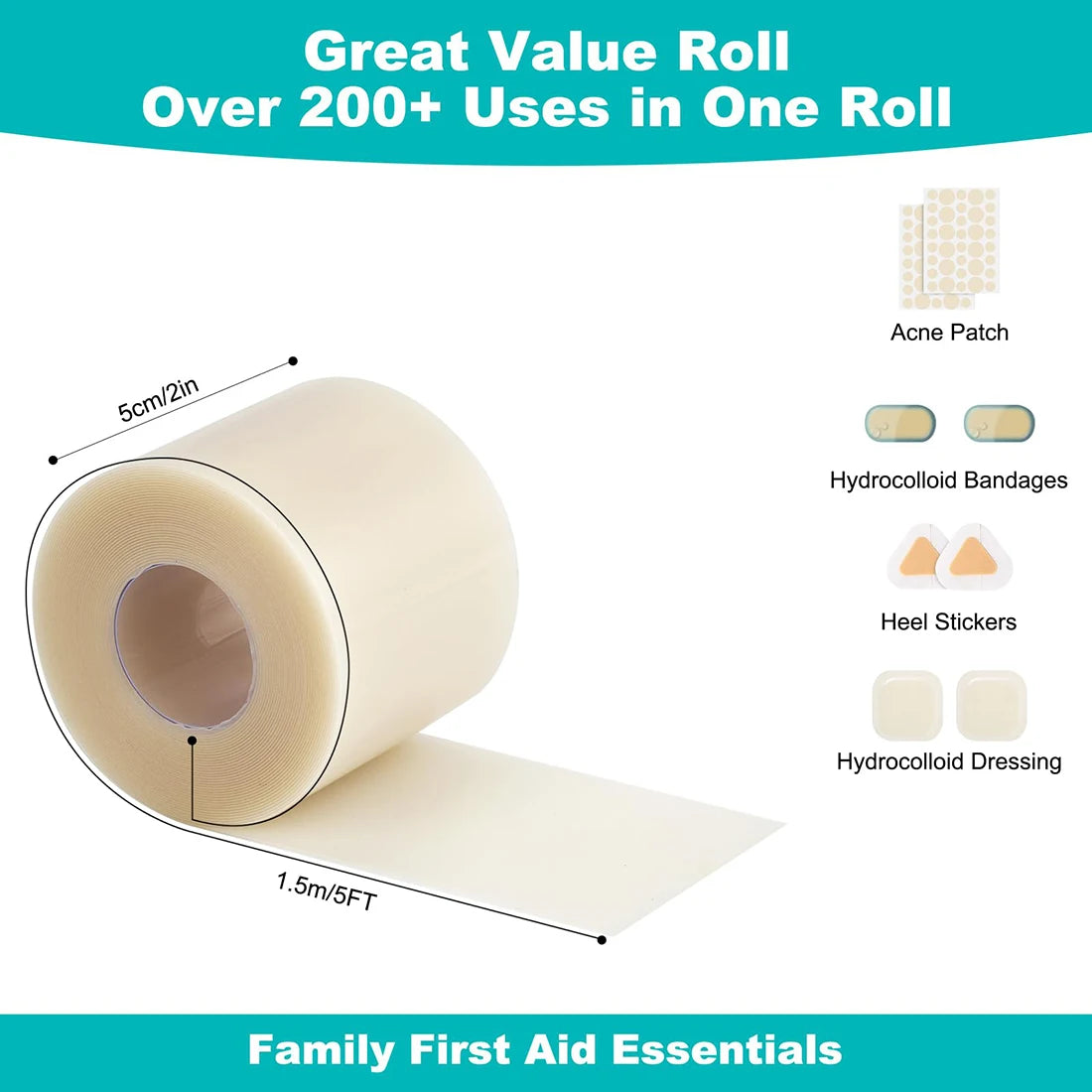 Hydrocolloid Wound Care Roll – Waterproof Self-Adhesive Bandage Dressing 5cm x 1.5m Peaceful Pleasures Health and Wellness