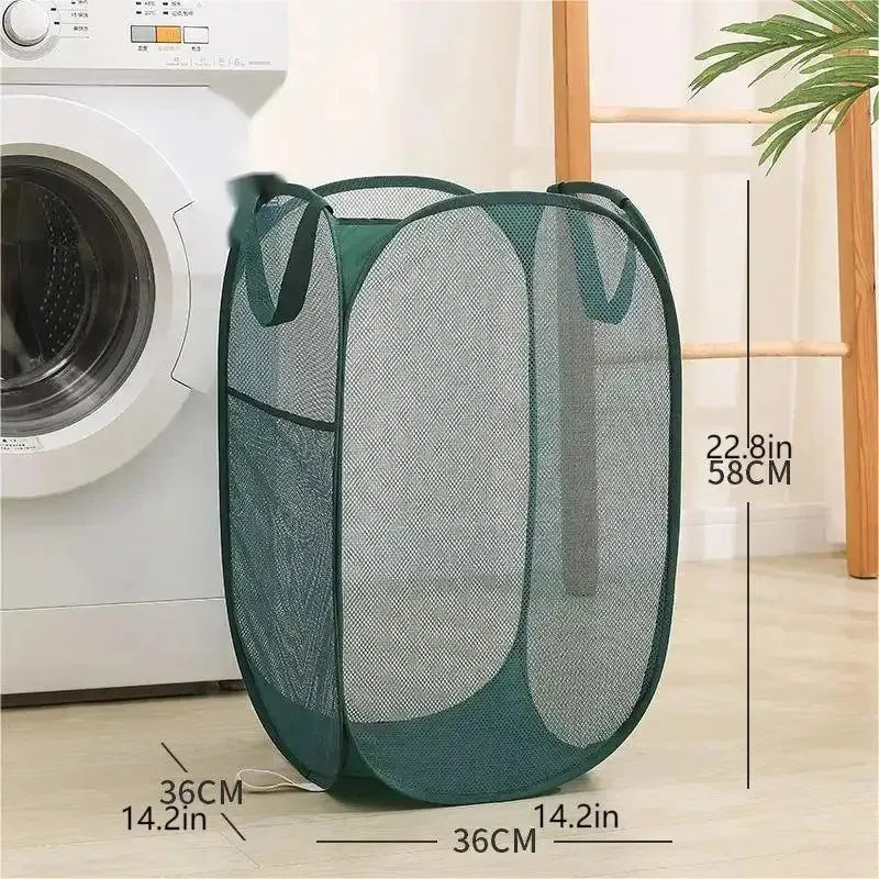 1pc Handy Laundry Mesh Popup Hamper, Foldable Lightweight Basket For Washing, Durable Clothing Storage Peaceful Pleasures Health and Wellness Green B