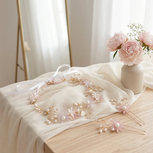 Bridal Hair Accessories Set Pink Flower Headband And Hairpin For Wedding Dress Peaceful Pleasures Health and Wellness