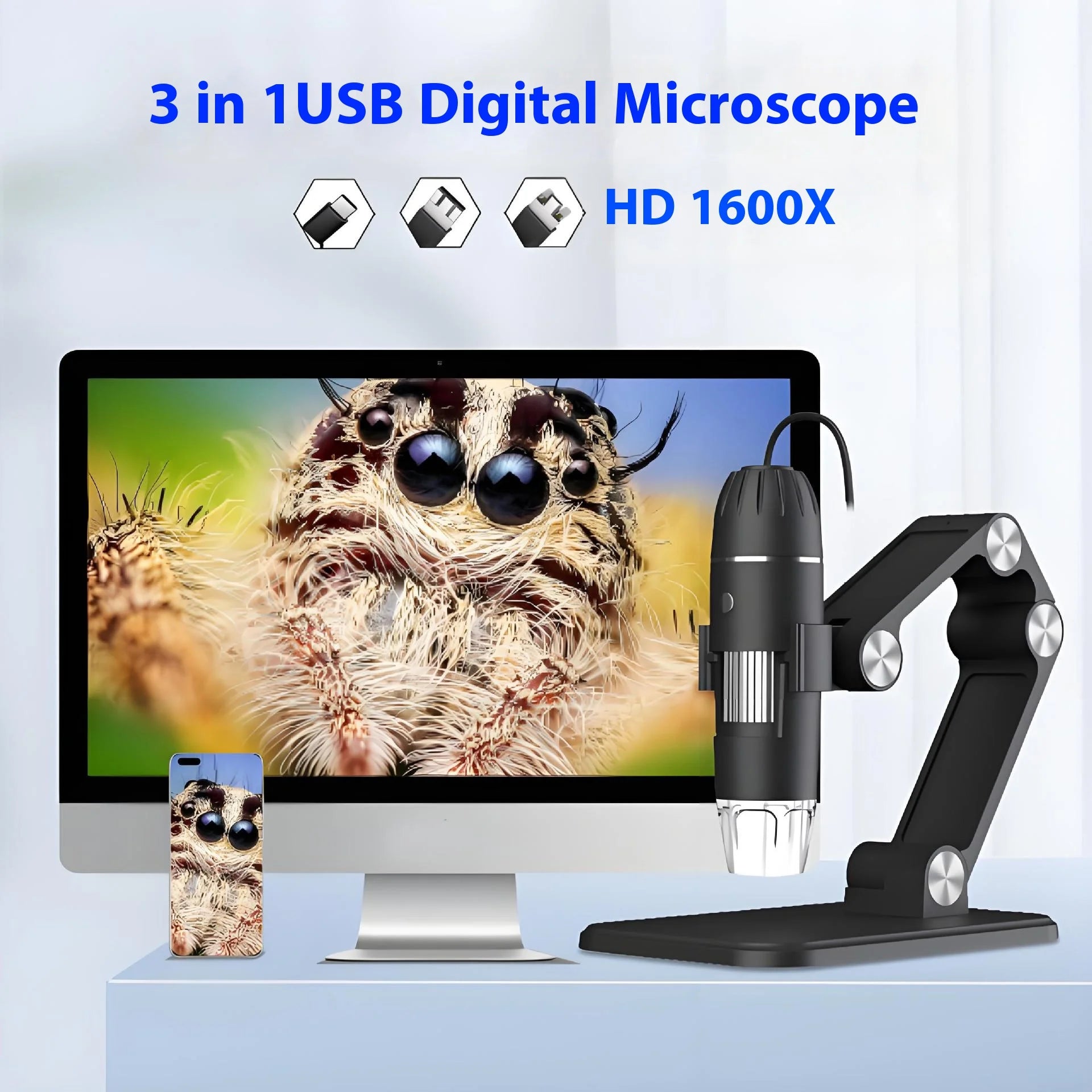 Three In One Usb Microscope with 1600X Magnification for Android Phones, Computers, and General-Purpose Digital Microscopes Peaceful Pleasures Health and Wellness