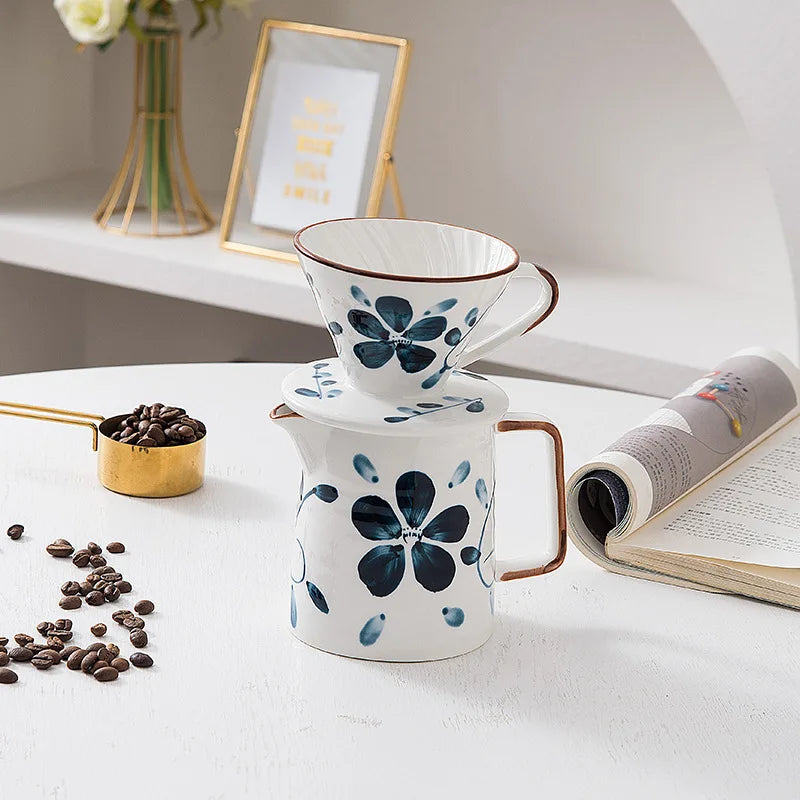 Hand brewed coffee Machine Filter Ceramic Coffee Machine, 500ml Hand Brewed Coffee Drip (Blue And White, V02), Peaceful Pleasures Health and Wellness