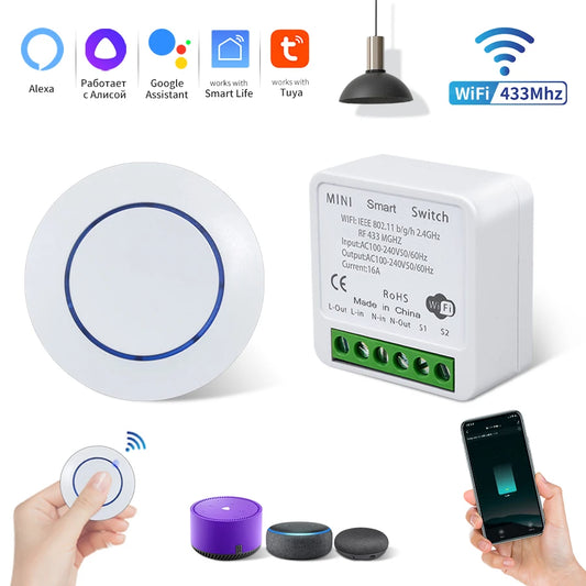 16A Tuya Smart WiFi Switch Receiver RF 433Mhz Wireless Round Button Remote Intelligent Switch Alexa Google Home Smart Life APP Peaceful Pleasures Health and Wellness