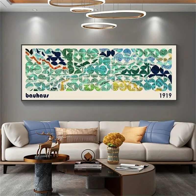Bauhaus-Inspired Colorful Abstract Geometric Canvas Art Print Frameless, Large Horizontal Poster for Modern Home Decor Wall Art Peaceful Pleasures Health and Wellness