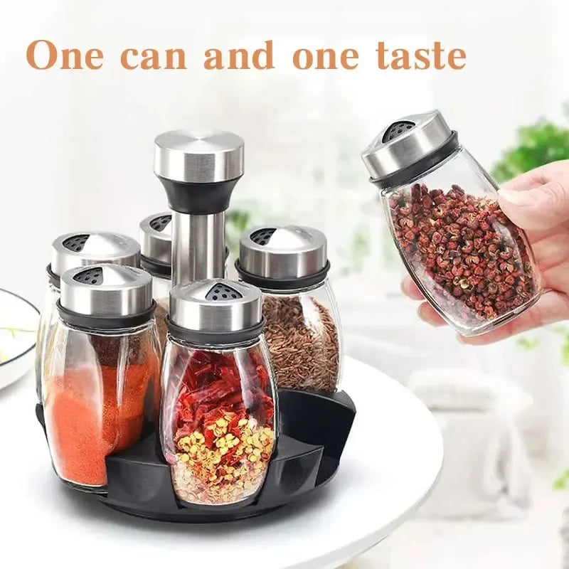 Kitchen Rotating Spice Bottle Set Glass Material Seasoning Salt Sugar Pepper Seasoning Storage Bottle Kitchen Spice Rack Peaceful Pleasures Health and Wellness