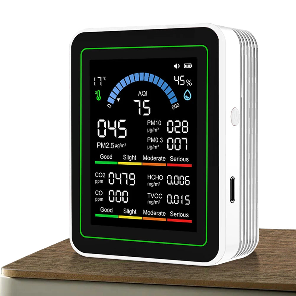 10-in-1 Air Quality Monitor | CO2, AQI, TVOC, Temp & Humidity