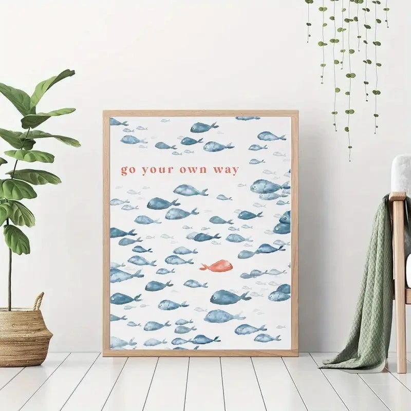 1pc "Go Your Own Way" Fish Pattern Canvas Poster Wall For Living Room Bedroom, Home Office Indoor/Outdoor Use Coastal Home Decor Peaceful Pleasures Health and Wellness