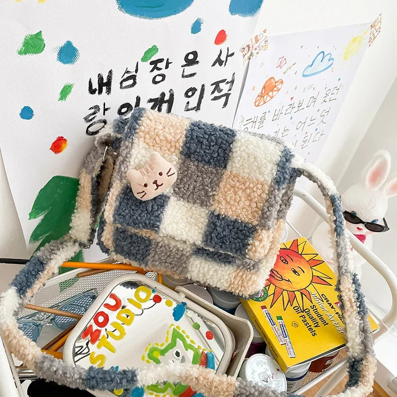 Lambskin Checkered Single-shoulder Bag Women Small Crossbody Bag Casual Cute Messenger Bags Girls Zipper Purse Lamb Like Tote Peaceful Pleasures Health and Wellness Blue no Bear
