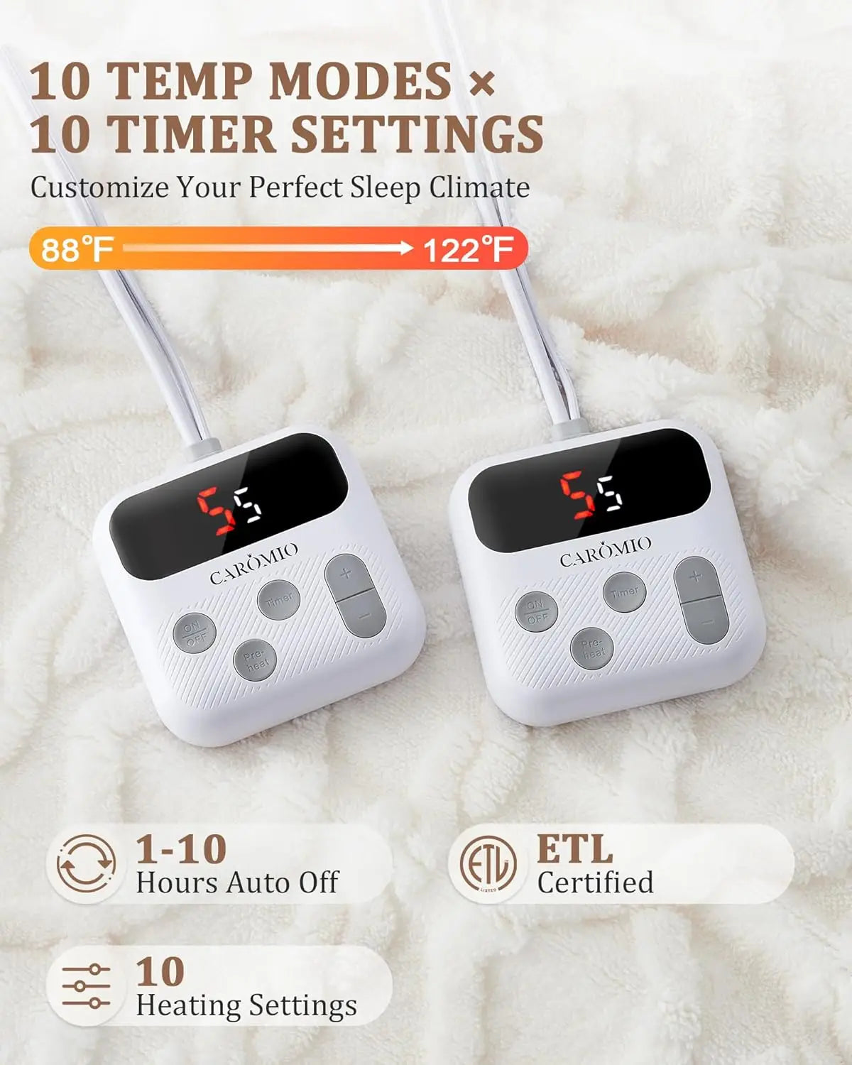 Two white electronic devices with digital displays on a soft, white background, featuring text about temperature modes and settings.